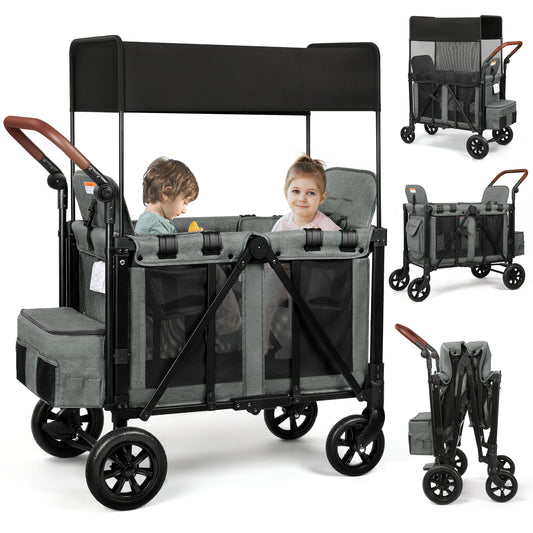 Vomeast Wagon Stroller for 2 Kids, 4-in-1 Wagon Stroller with Canopy, Adjustable Handlebars, Removable Seat