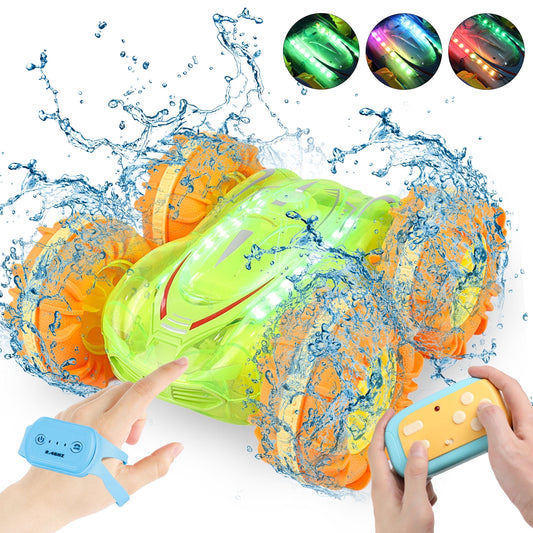 Yexmas Amphibious 4WD RC Stunt Car with LED Lights, 360° Flip, All-Terrain Monster Truck, Water Beach Pool Toys for Boys Girls