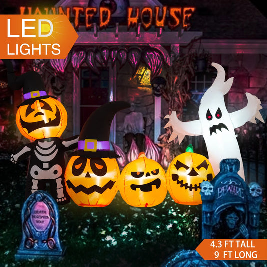 Yexmas Halloween Inflatables, 9 FT Long 4 Pumpkins with Cute White Ghost Outdoor Decorations, Built-in LEDs, Blow Up Party, Waterproof Yard, Garden, Lawn Decor