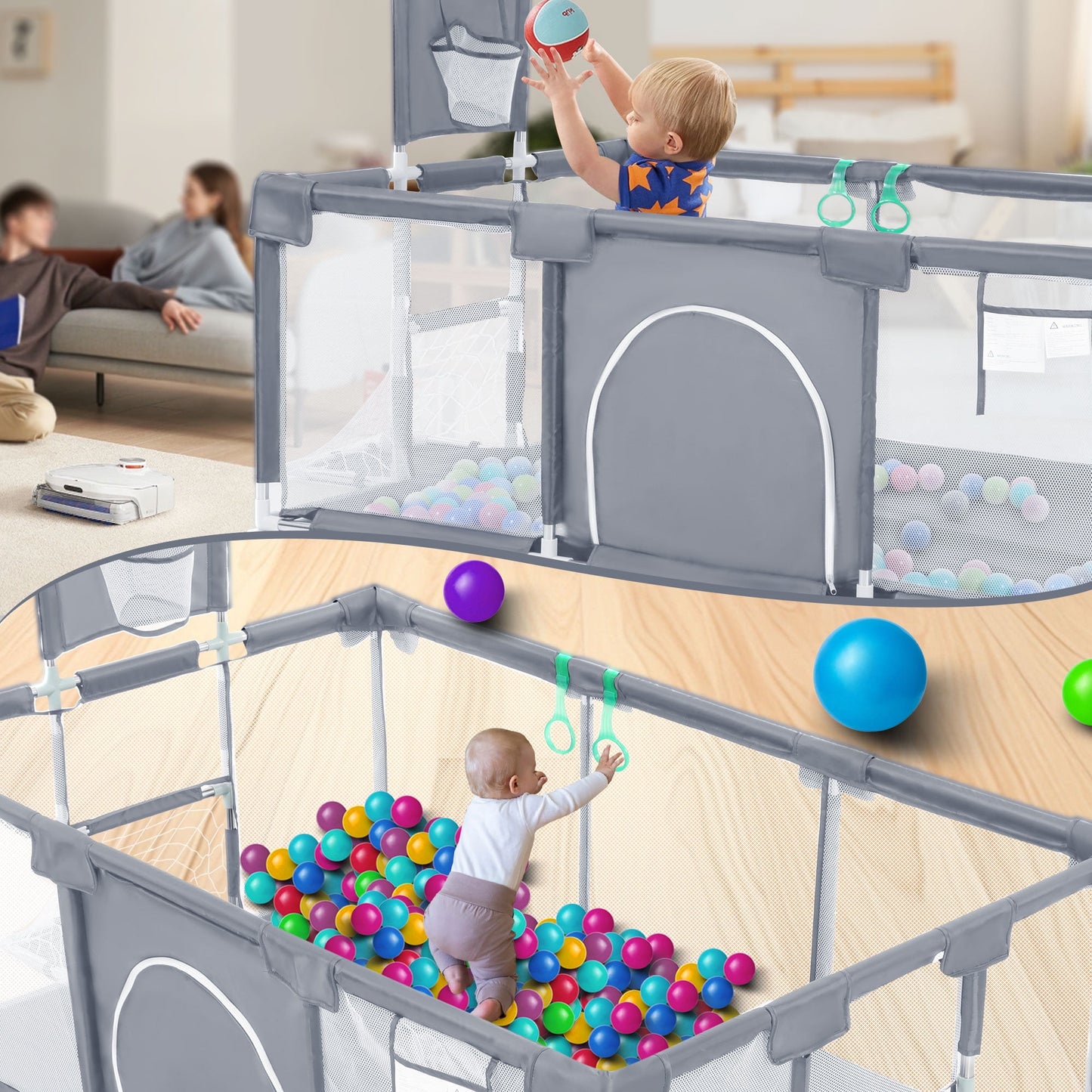 TEAYINGDE Baby Playpen,71 Inch Extra Large Baby Playard With Basketball Hoop