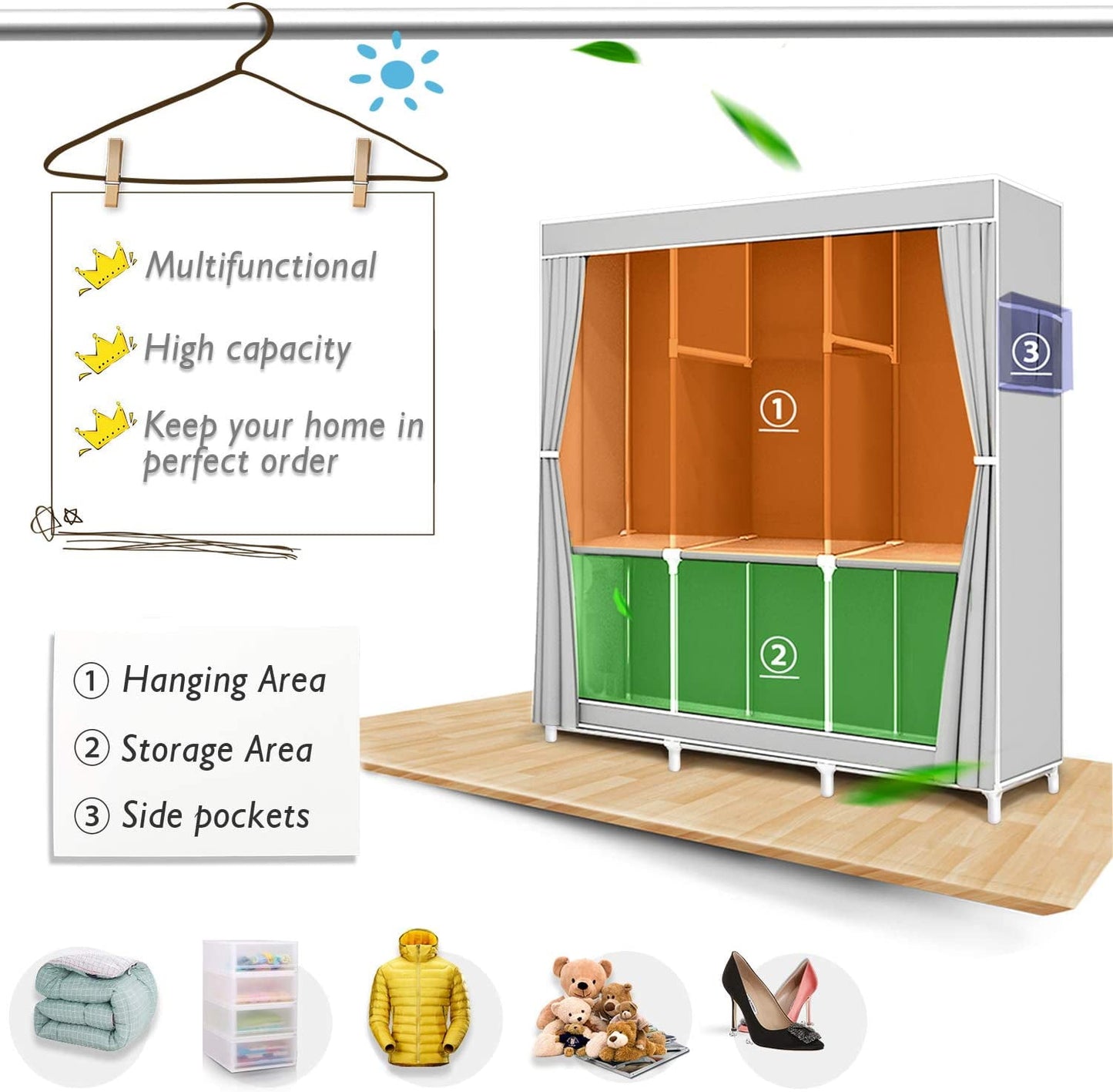YOUPINS Portable Closet Storage Organizer Clothes Wardrobe Shoe Clothing Rack Shelf Dustproof Non-woven Fabric, Quick and Easy to Assemble
