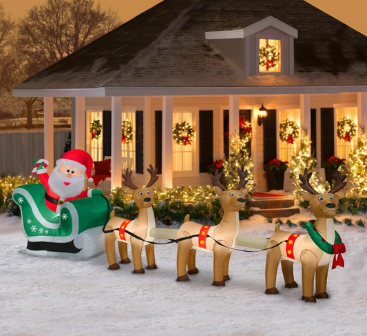 10FT Christmas Inflatables Santa Sleigh with 3 Reindeer Decorations, Christmas Blow up Yard Decoration Inflatable Deer for Christmas Decorations Outdoor Indoor