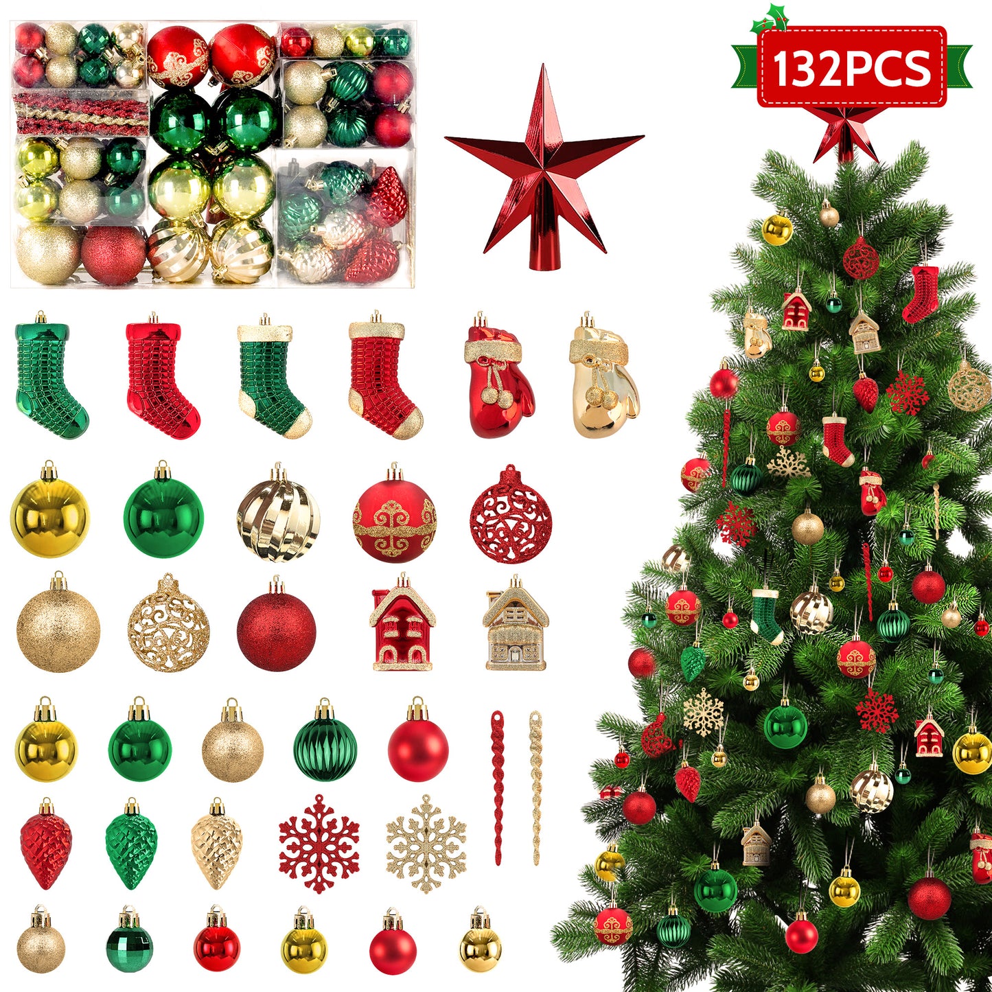 IZNEN 132PCS Christmas Ball Ornament Set, Shatterproof Hanging Christmas Tree Decorations for Holiday Decor Party