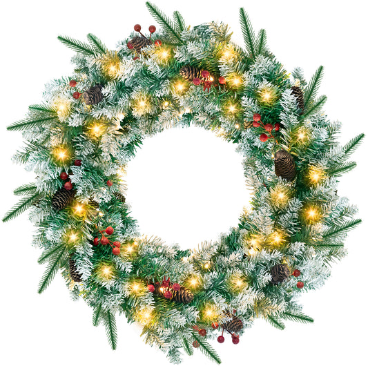 Yexmas Christmas Wreaths,24" Christmas Wreaths for Front Door , Battery Powered Flocked Artificial Christmas Wreath,Outdoor Christmas Decor with LED Lights & Ornament