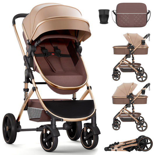 TEAYINGDE 2 in 1 Baby Stroller,Foldable Lightweight Carriage Reversible Bassinet Pram for Toddler,Travel Stroller with with Cup Holder、Storage Bag,Brown