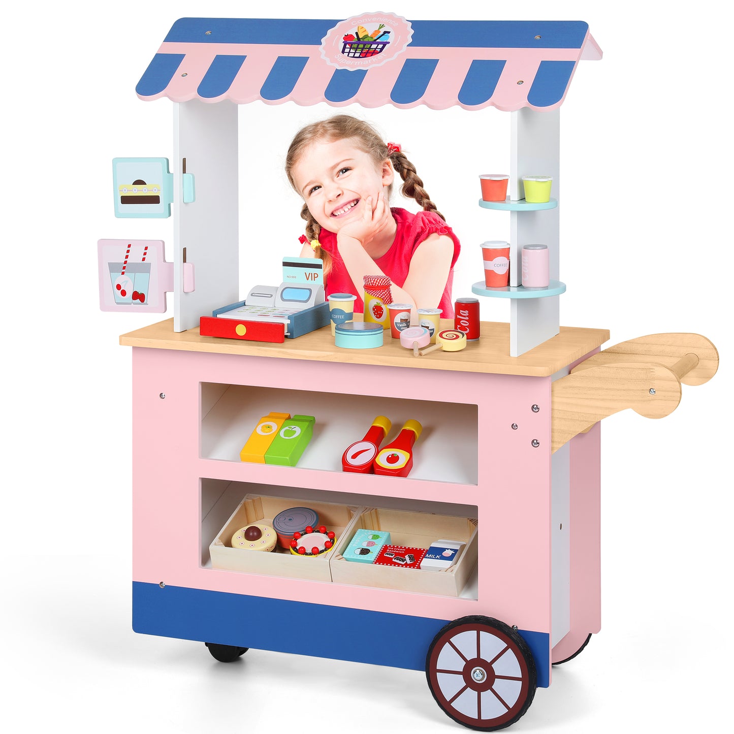 Wisairt Kids Grocery Store Play Set, Pretend Play Wooden Supermarket Shopping Toy w/ Cash Register Food Drink