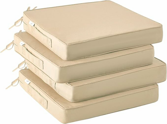 CozyDesg Outdoor Chair Cushions Set of 4,Waterproof Outdoor Seat Cushions for Patio Furniture,Patio Chair Cushions with Handle and Ties,Square Corner Outdoor Chair Pads,19" x 19" x 3", Beige