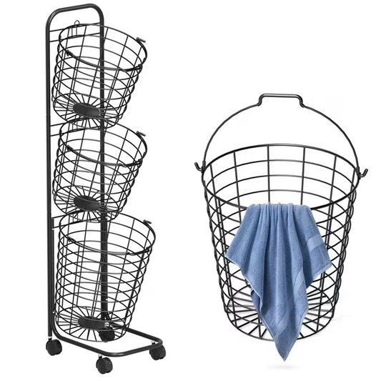 YOUPINS 3 Tier Metal Rolling Laundry Cart, Large Capacity Wire Basket with 360 Degree Wheels, Black