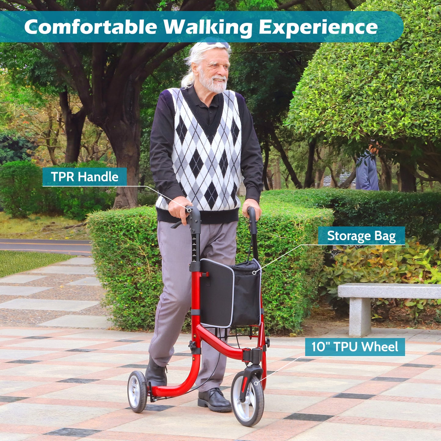 COSYWILL 3 Wheel Rollator Walkers for Seniors,Ultra Lightweight Foldable Walker for Elderly with Storage Bag, 10" Three Wheel Modern Mobility Walking Aid Aluminum,Black