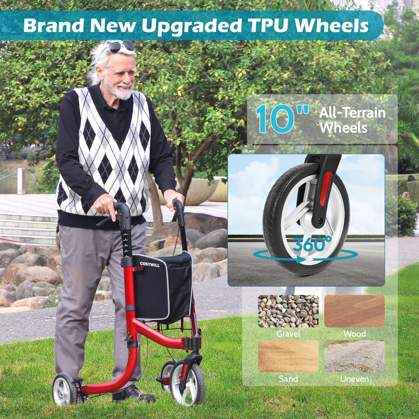 COSYWILL 3 Wheel Rollator Walkers for Seniors,Ultra Lightweight Foldable Walker for Elderly with Storage Bag, 10" Three Wheel Modern Mobility Walking Aid Aluminum,Black