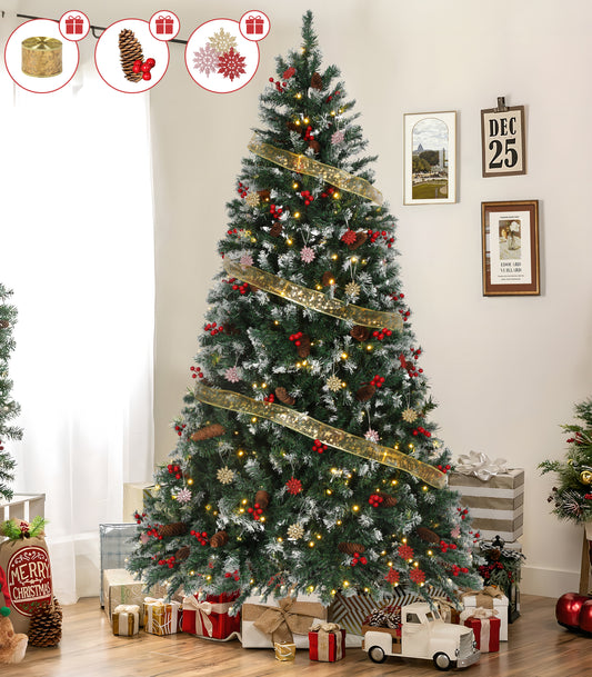 Firstness 6ft Pre-Lit Artificial Christmas Tree w/ 1200 Branch Tips 300 LED Lights, 80 Pine Cones + Artificial Berries, Gold Ribbon & Snowflake Christmas Decorations, Metal Base