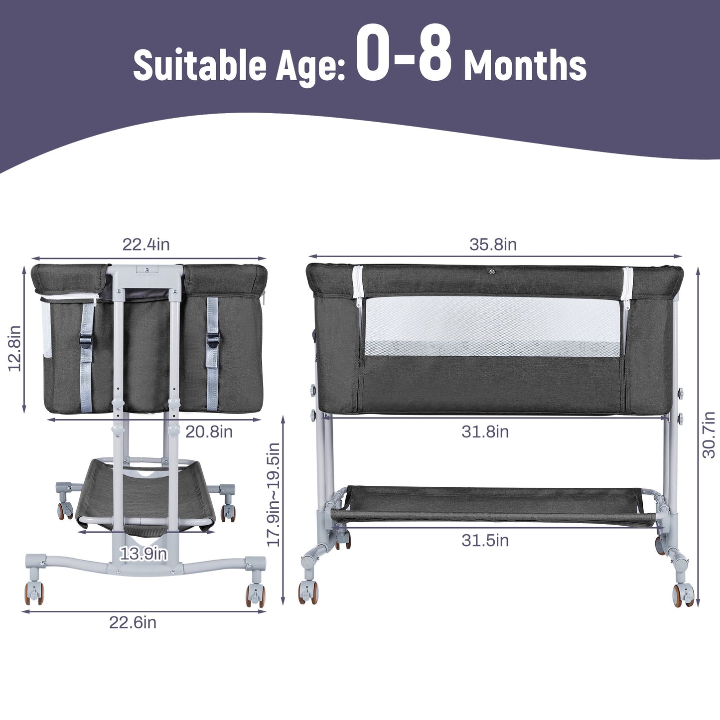 TEAYINGDE Baby Bassinet Bedside Bassinet For 0-6 months Baby Unisex -Dark Gray