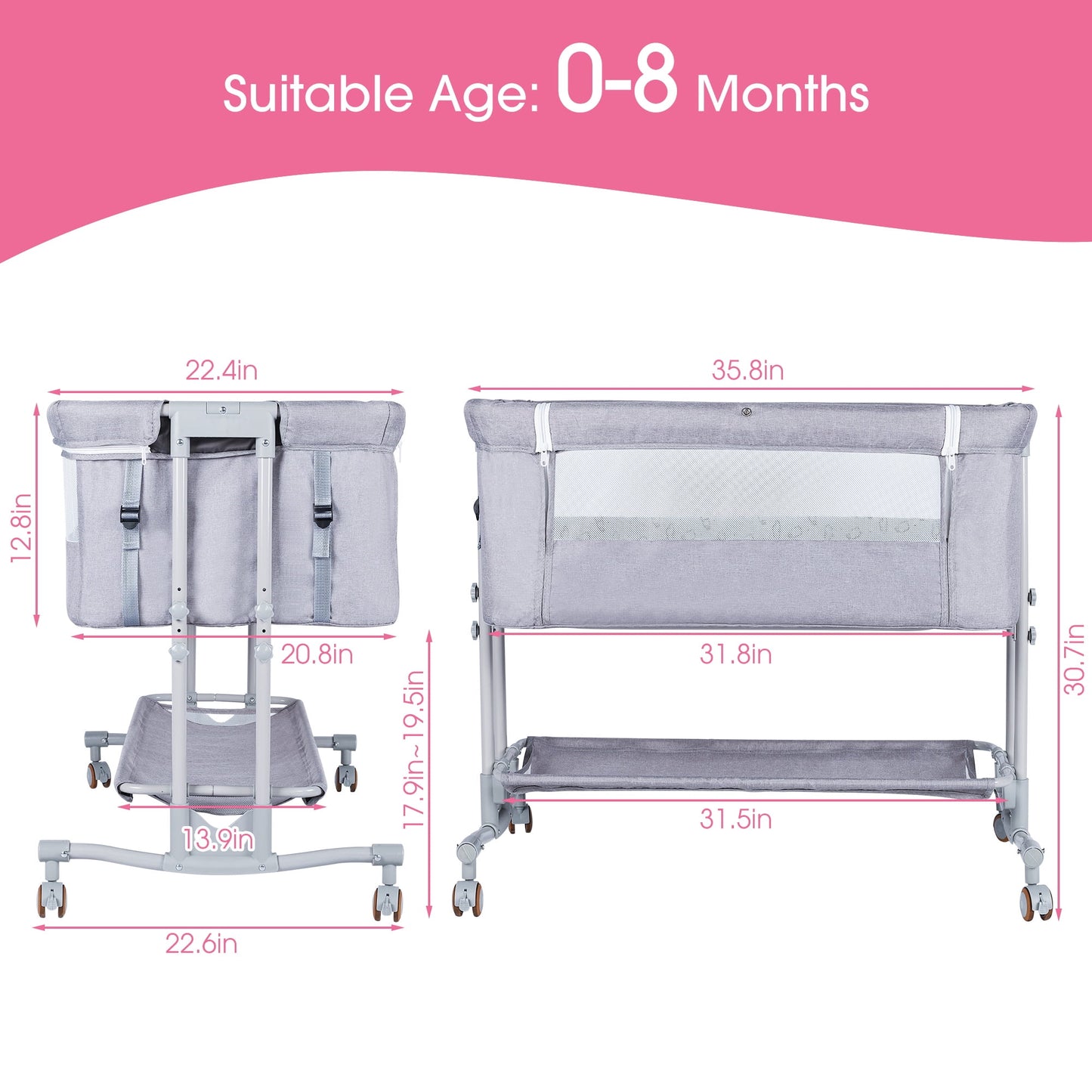 TEAYINGDE Baby Bassinets Bedside Sleeper with Wheels, Newborn Baby Cribs w/Storage Basket,Light Grey