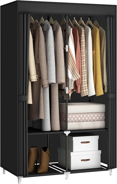 YOUPINS Closet Wardrobe for Small Room, 35-Inch Clothing Organizer Storage Rack with 2 Clothes Hanging Rods and 4 Shelves, Non-Woven Fabric Cover,Black