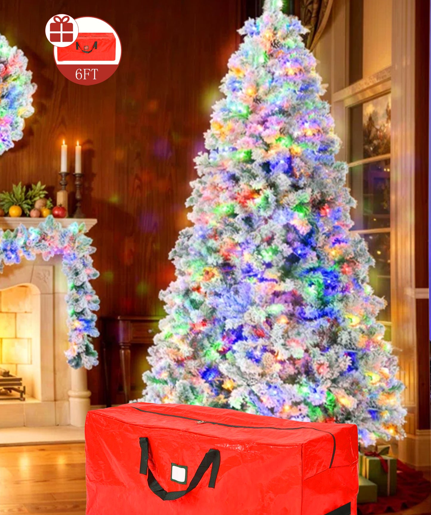 Yexmas 6ft Snow Flocked Christmas Tree, Pre-Lit Artificial White Christmas Tree with 1000 Branch Tips、300 Warm White Lights