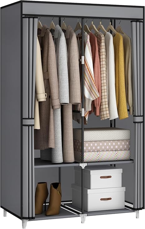 YOUPINS Closet Wardrobe for Small Room, 35-Inch Clothing Organizer Storage Rack with 2 Clothes Hanging Rods and 4 Shelves, Non-Woven Fabric Cover,Gray