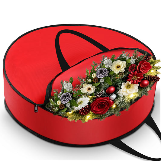Firstness Christmas Wreath Storage, 600D Oxford Round Storage Bag, Waterproof Wreath Storage Container with Durable Reinforced Handles & Dual Zipper, Red
