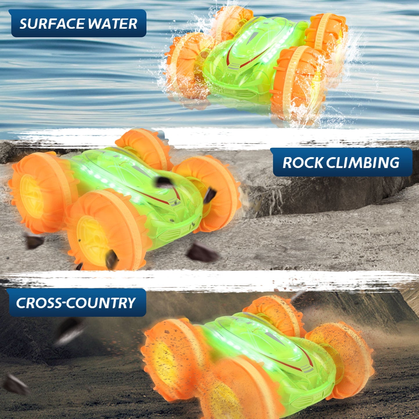 Yexmas Amphibious 4WD RC Stunt Car with LED Lights, 360° Flip, All-Terrain Monster Truck, Water Beach Pool Toys for Boys Girls