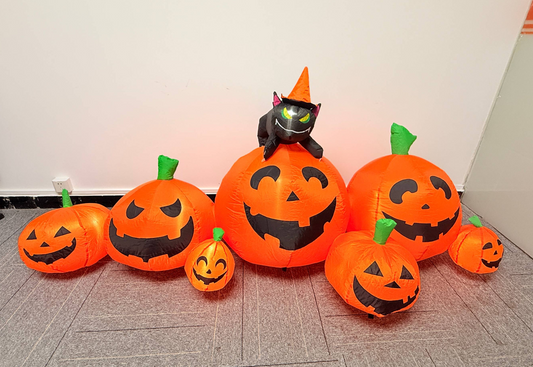 8 FT Long Halloween Inflatables Pumpkin Decorations with Build-in LED Lights with Black Cat