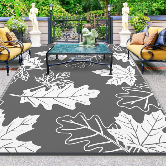 CozyDesg 6'x9' Outdoor Rug, Patio Straw Mat, Waterproof Plastic Carpet for Rv, Camper, Deck Porch, White & Grey