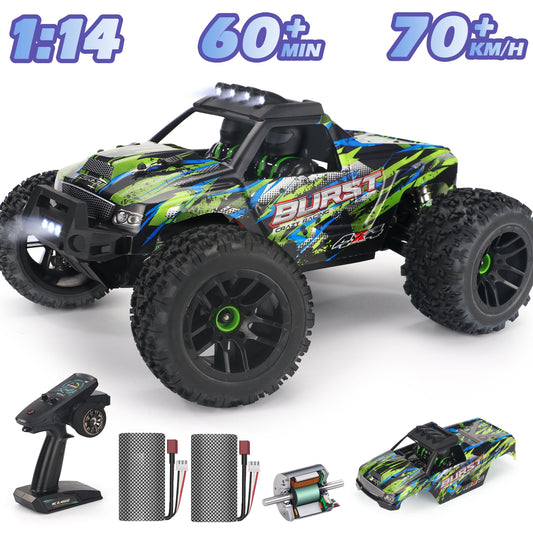 Yexmas 1:14 RTR Brushless Fast RC Cars for Adults, 70KM/H All Terrain Off-Road Remote Control Car, High Speed RC Truck 4WD RC Car with 2 Lipo Batteries for Adult