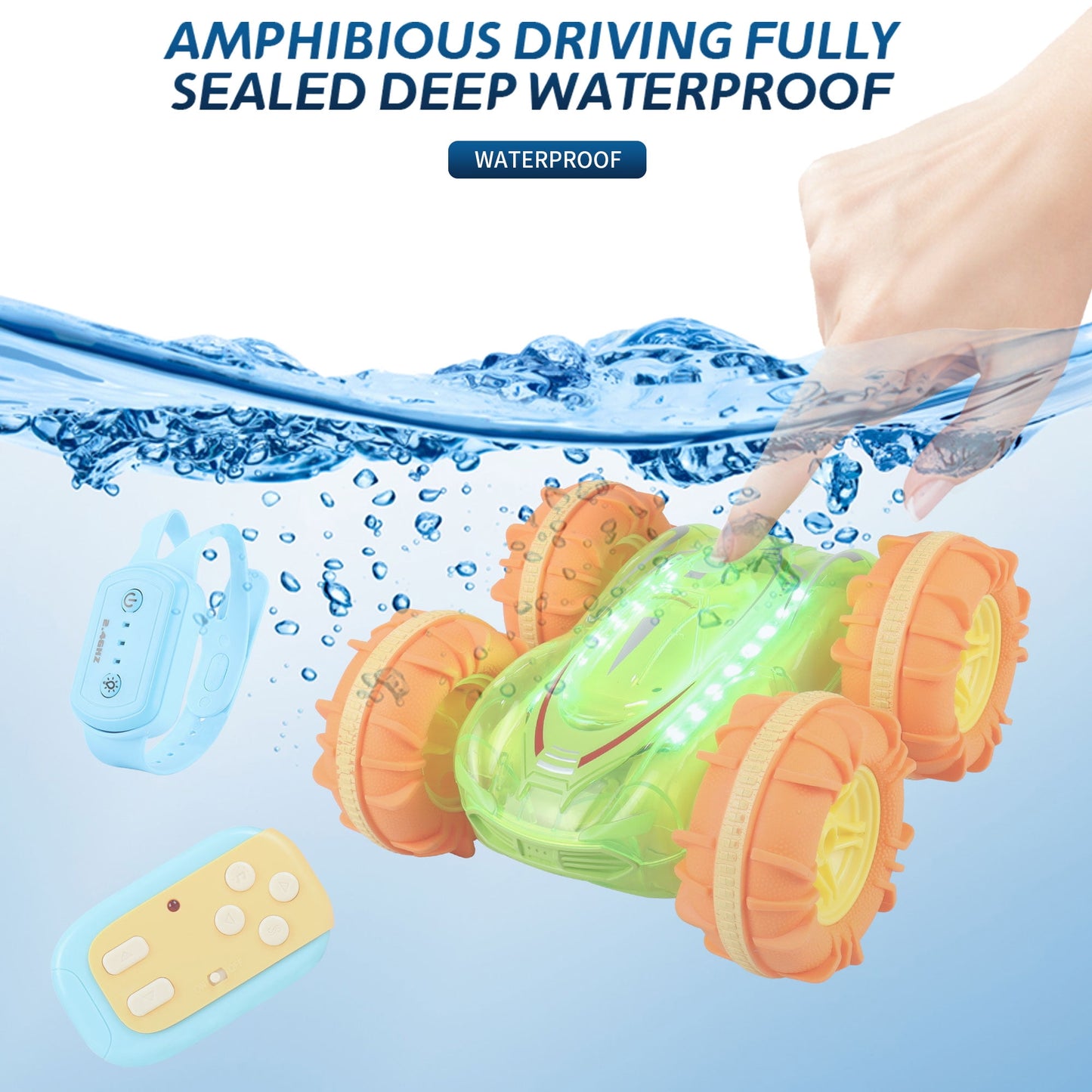 Yexmas Amphibious 4WD RC Stunt Car with LED Lights, 360° Flip, All-Terrain Monster Truck, Water Beach Pool Toys for Boys Girls