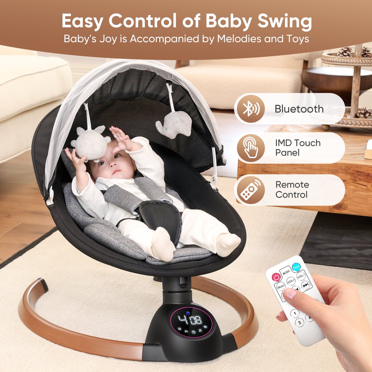 Babyeap Baby Swing for Infants,Bluetooth Control 5-point Harness Newborn Swing,5 Sway Speed,10 Lullabies