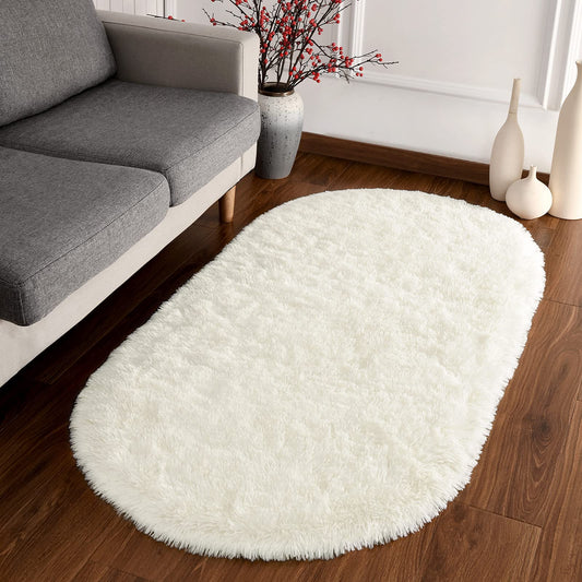CozyDesg Oval Fluffy Ultra Soft Area Rugs, 2 x 5ft，Beige White
